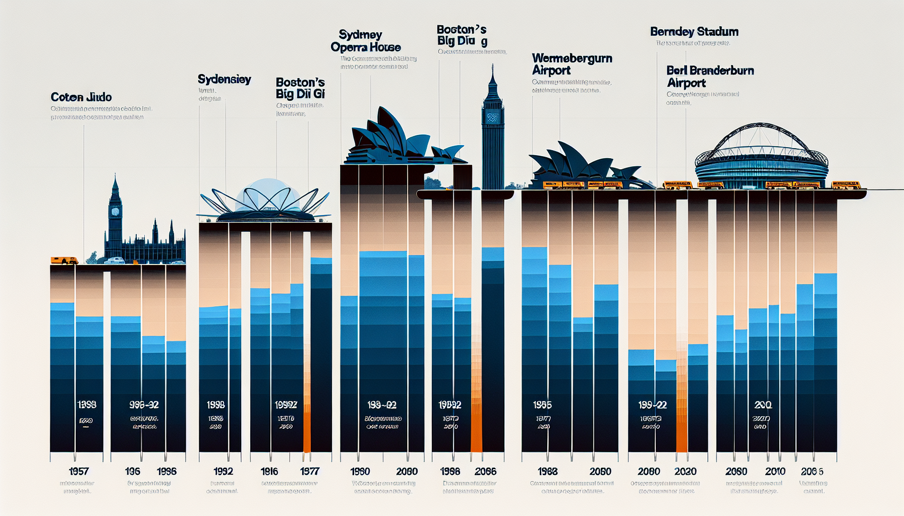 Timeline diagram showing 5 iconic megaproject budget overruns: Sydney Opera House, Boston Big Dig, Wembley Stadium, Berlin Brandenburg Airport, and HS2 -- with original vs actual cost bars